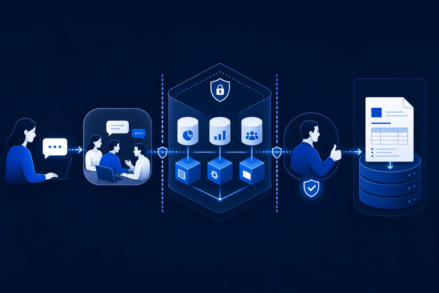 Workflow from a team message through controlled business data, human approval, and an ERP draft record